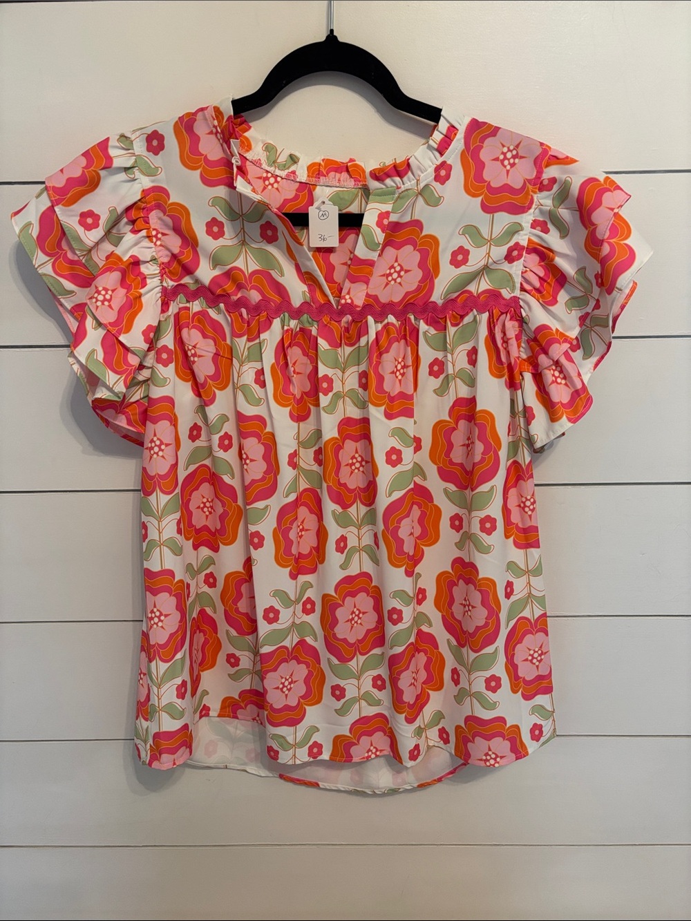 Floral Flutter Sleeve Blouse in Pink & Orange